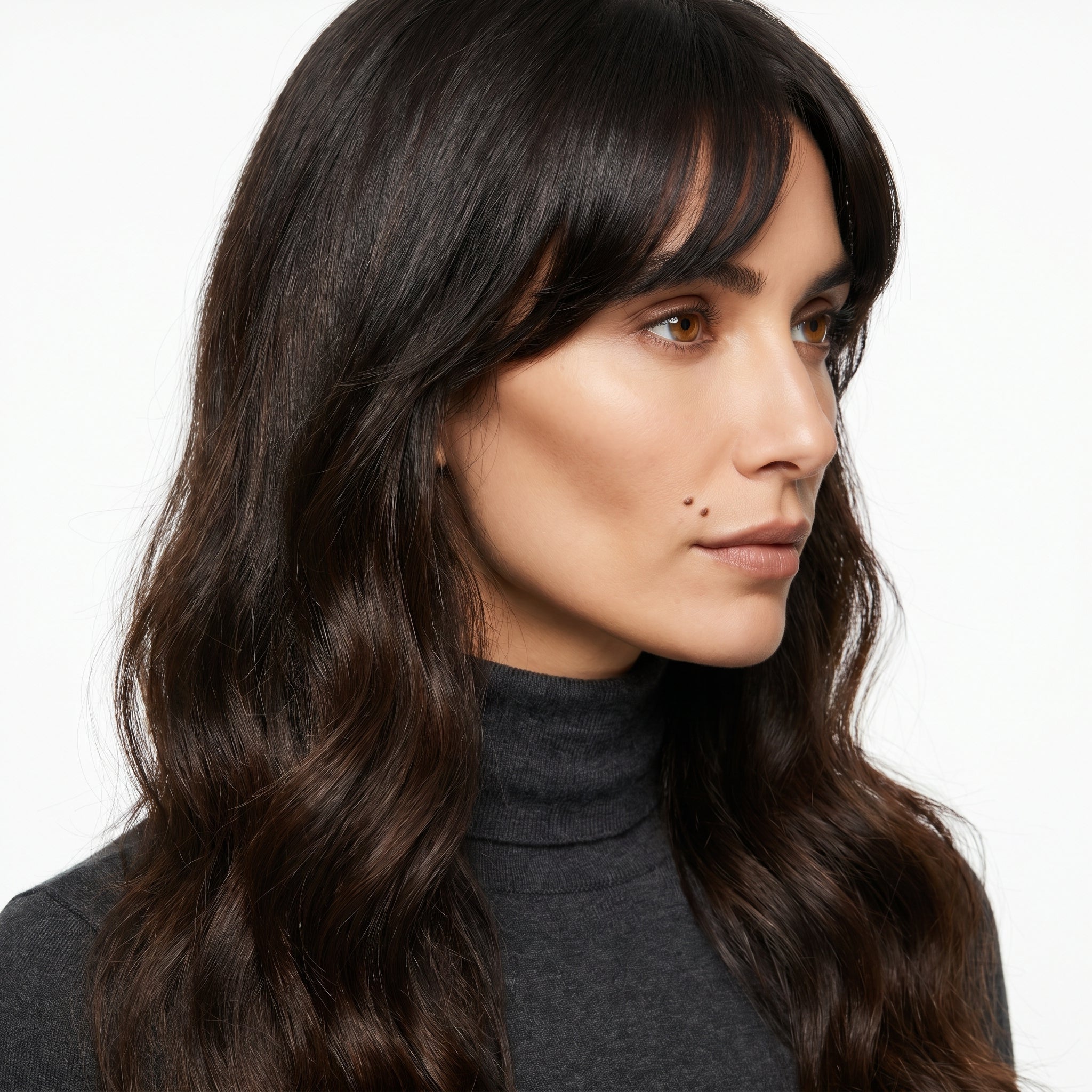 Clip-in curtain bangs in Brown Black - side profile